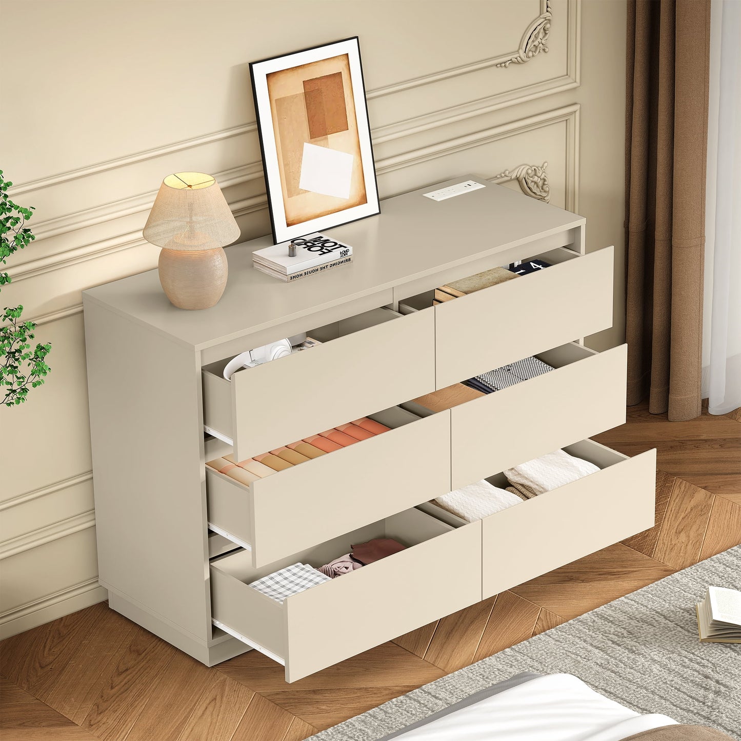 Heynemo Dresser with 6 Drawers for Bedroom, Chest of Drawer with Charging Station for Living Room, Beige