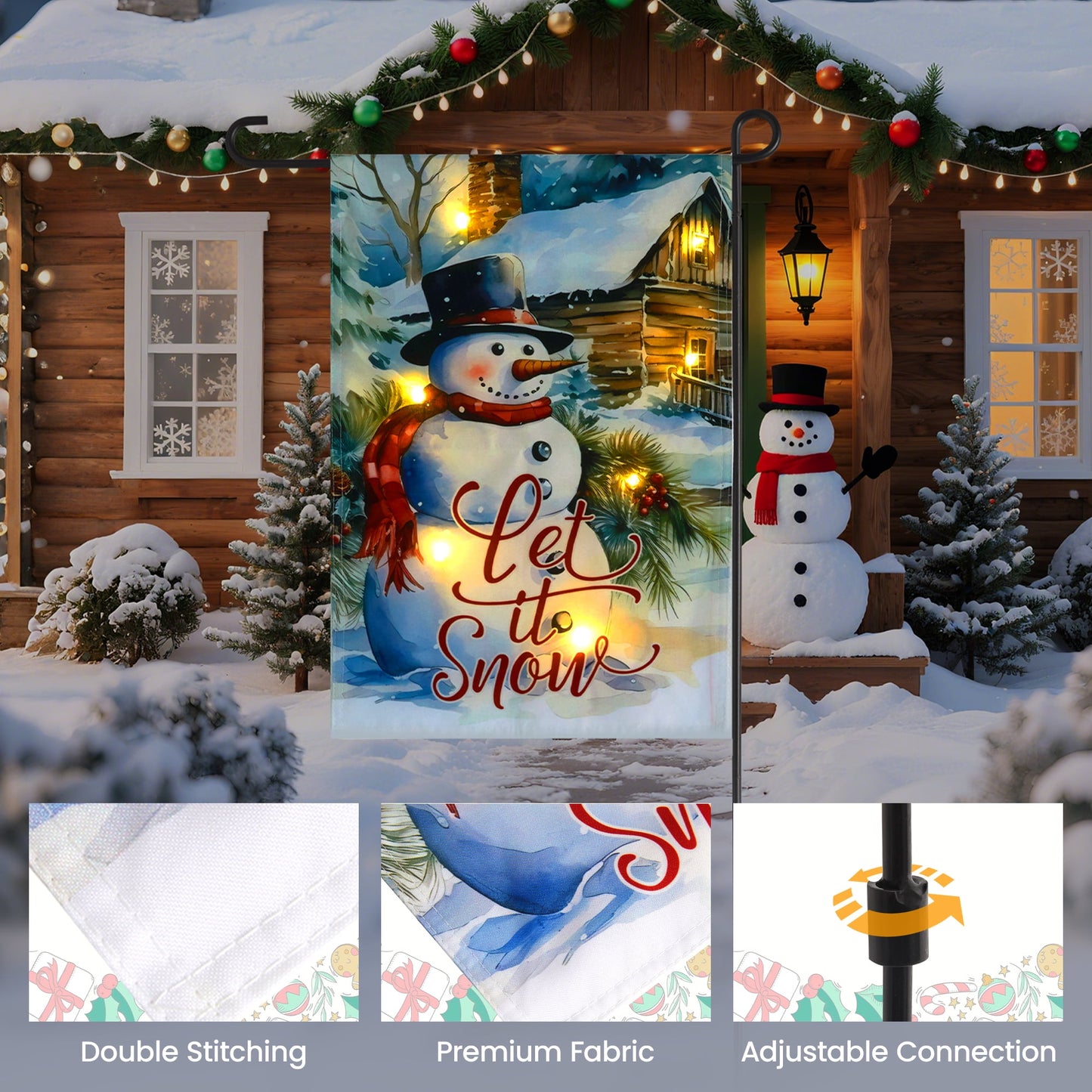 Heynemo Christmas Solar Garden Flag with Lights, LED 12"x18" Double-Sided Snowman Yard Flag,  Snowman Garden Decoration for Lawn, Porch, Path