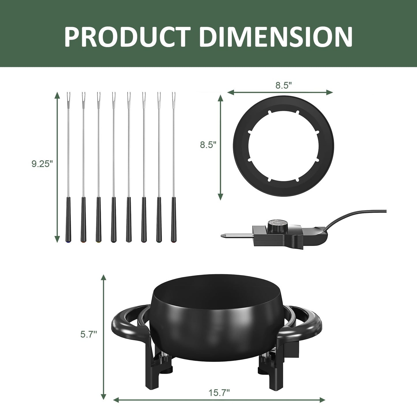 Sunvivi 3 QT Fondue Set, Electric Fondue Pot Set for Melting Chocolate & Cheese, 1000W Non-Stick Fondue Maker with Adjustable Temperature Control and 8 Color-Coded Forks, Ideal for Dessert & Broth