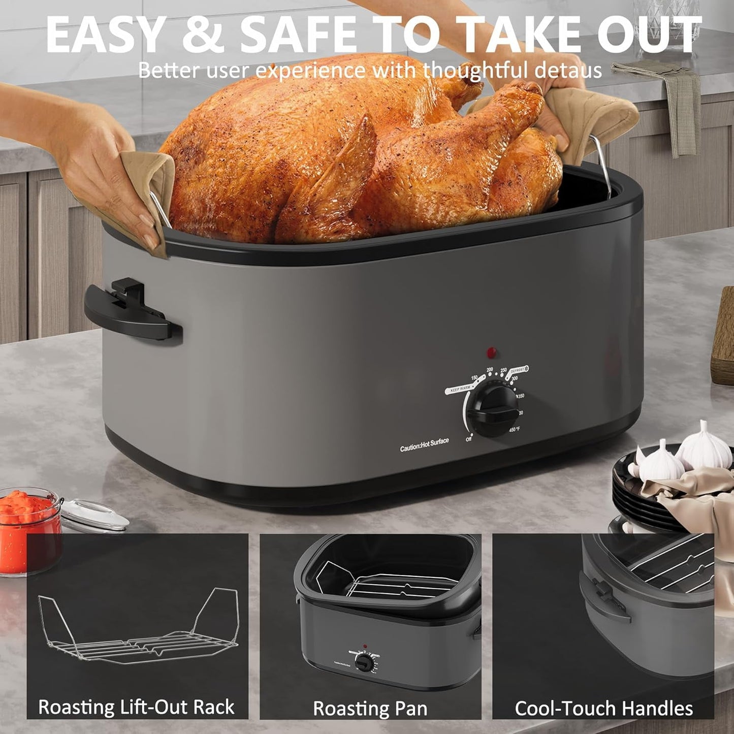 Superjoe Roaster Oven 28 Quart, Electric Roaster Oven with Visible & Self-Basting Lid, Turkey Roaster Oven with Removable Pan & Rack, Variable Temperature Control, Stainless Steel, Grey