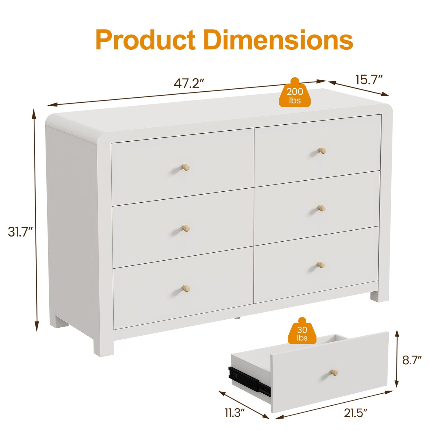 May in Color Modern 6-Drawer Chest of Drawers, with Rounded Corners, White, 47 in