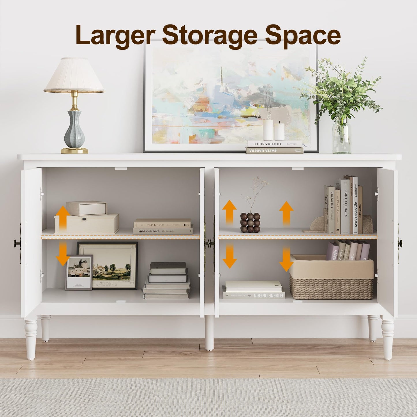 Heynemo Sideboard, 58'' Mid Century Modern Storage Sideboards with 4 Doors and Adjustable Shelves, Console Table for Entryway, Dining Room, Living Room, White