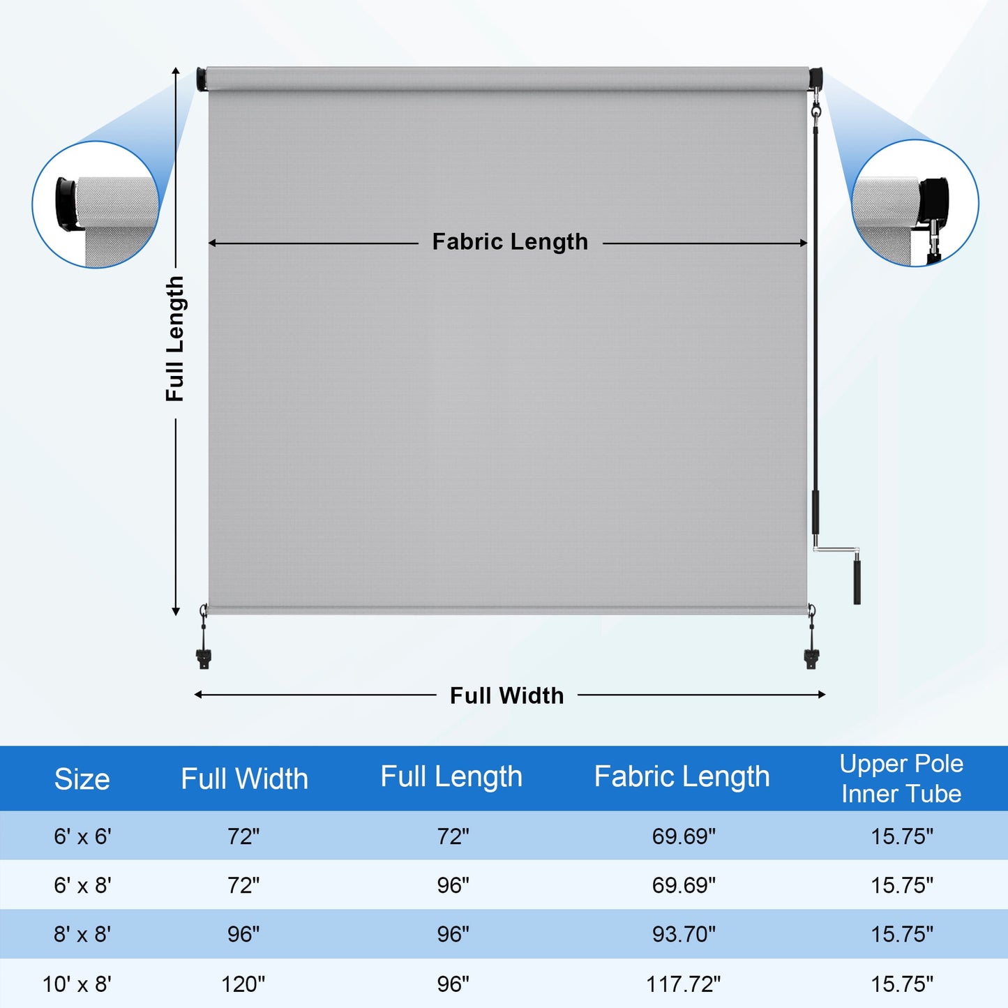 Heynemo 8'x 8' Outdoor Roller Shade, Cordless Patio Shade with Crank Handle, 95% UV Protection Outdoor Blind for Porch, Gazebo, Pergola, Gray