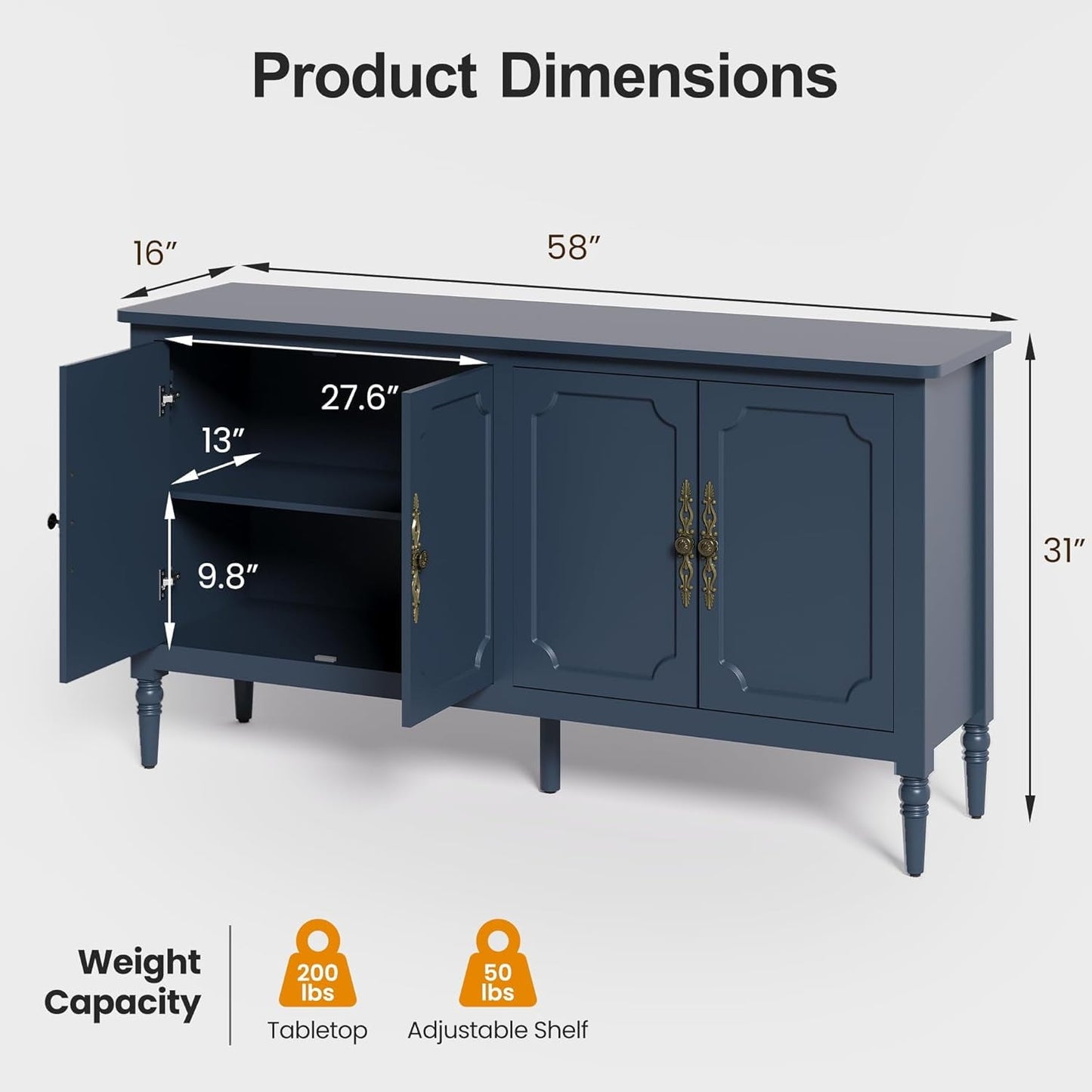 May in Color Console Cabinet, 58'' Wood Sideboard Buffet Cabinet with Storage & 4 Doors, Mid Century Modern Pantry Cabinet for Entryway, Living Room, Bedroom, Dining Room, Blue