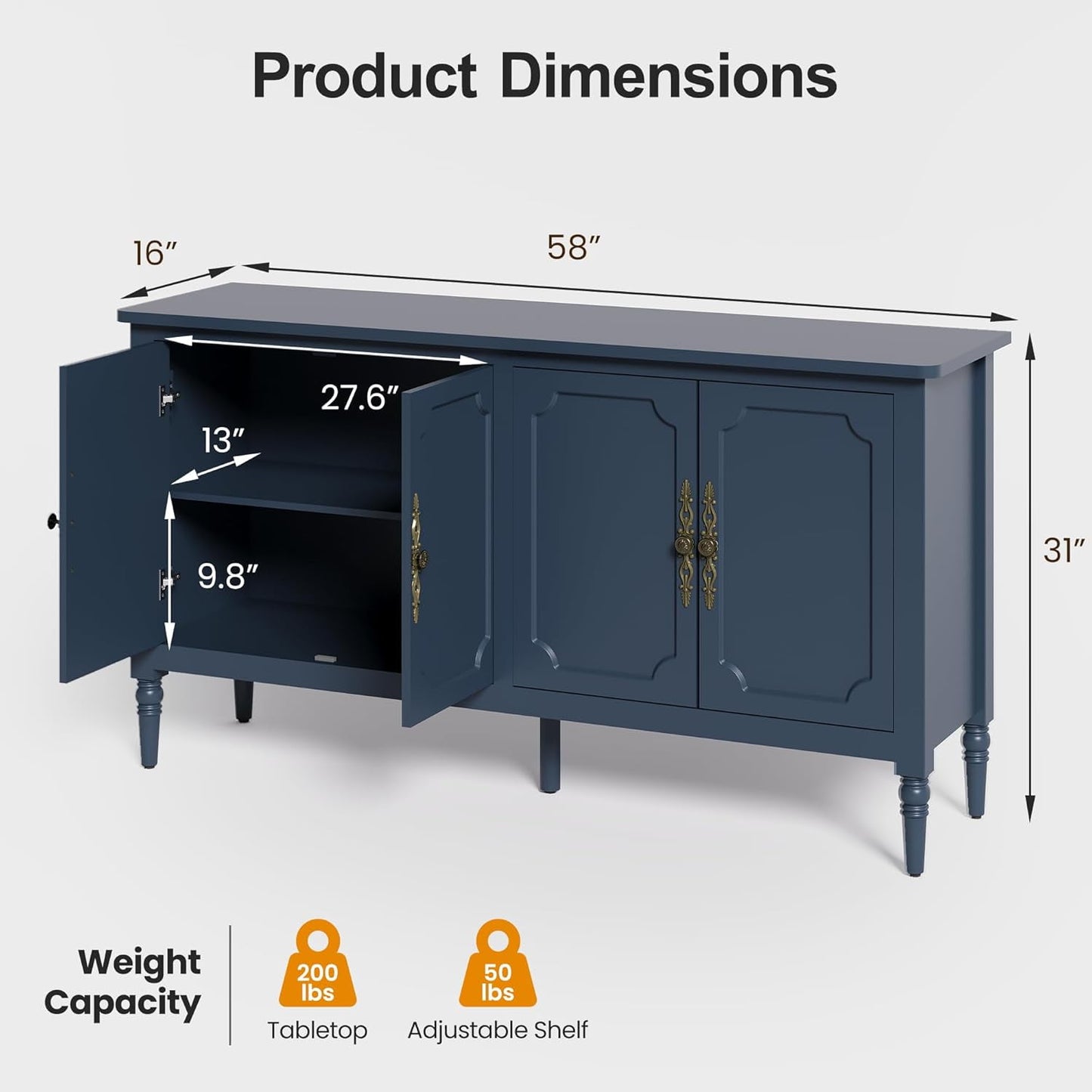 May in Color Console Cabinet, 58'' Wood Sideboard Buffet Cabinet, for Entryway, Living Room, Bedroom, Dining Room, Blue