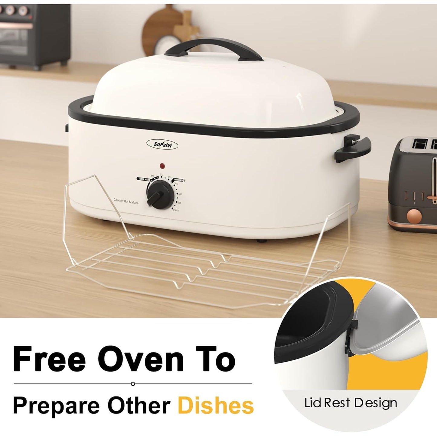 Superjoe 18 QT Electric Roaster Oven, Stainless Steel Roaster Pan for Turkey with Removable Insert Pot, White