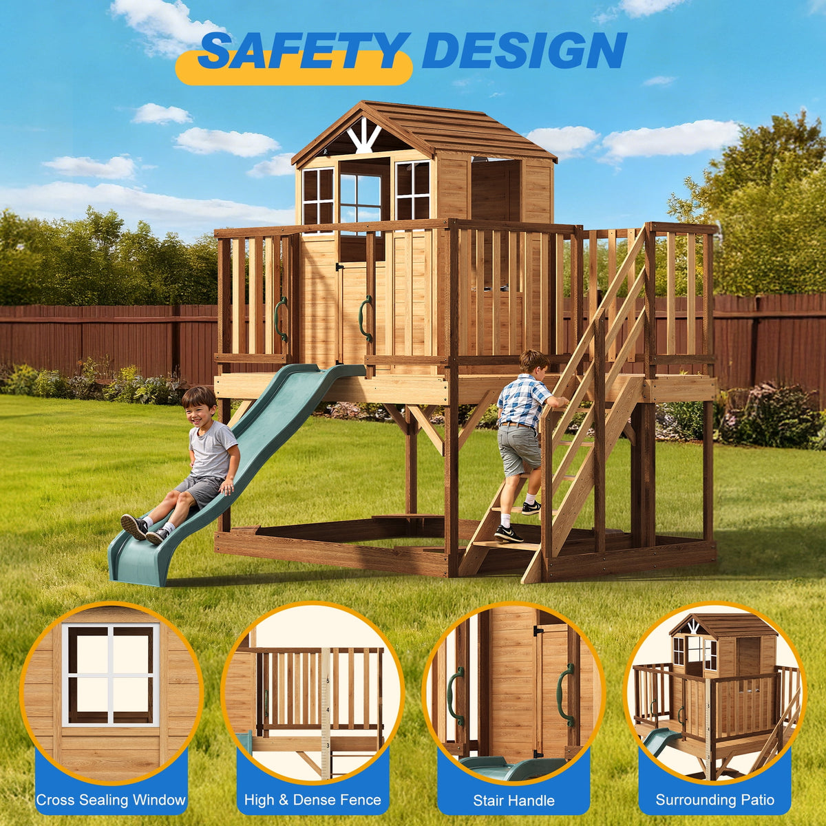 May in Color 9-in-1 Outdoor Wooden Playhouse with Slide & Sandbox - Backyard Playset for Kids Ages 3-10 - Natural Fir Play Center with Play Kitchen, Growth Chart & Safety Rails