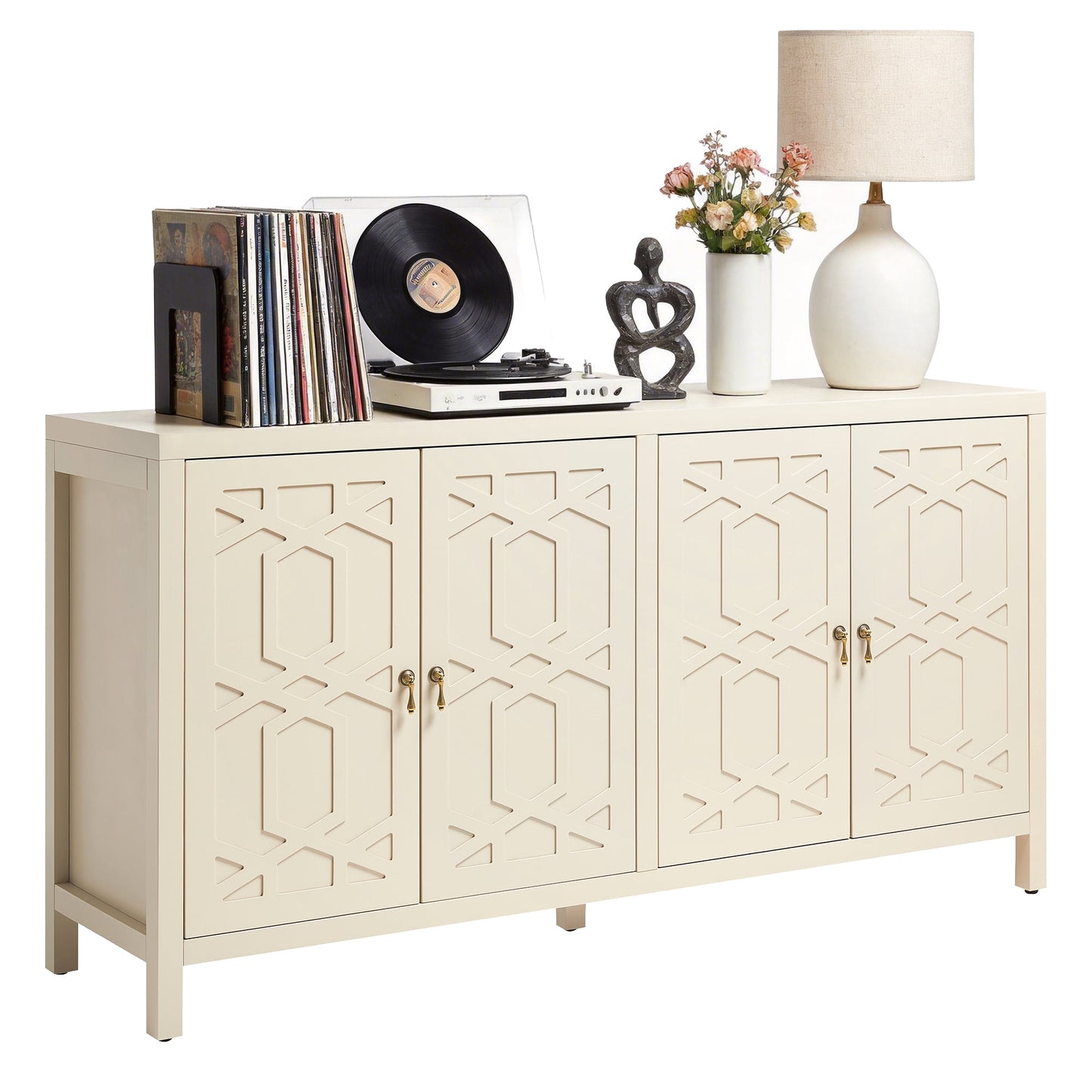 May in Color 60'' Modern Sideboard Cabinet with Adjustable Shelves and 4 Doors, Ideal for Entryway, Living Room, Dining Room, Bedroom, Beige