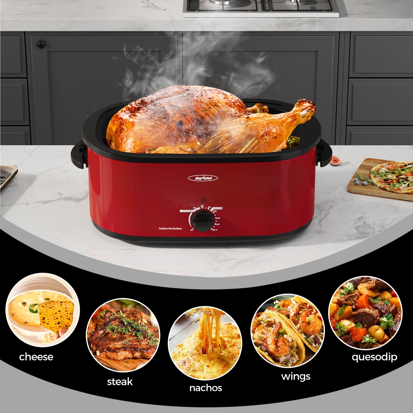 Sunvivi Roaster Oven with Self-Basting Lid, 22qt Electric Roaster with Removable Pan & Rack, Turkey Roaster Oven with Defrost & Warm Function, Stainless Steel, Red