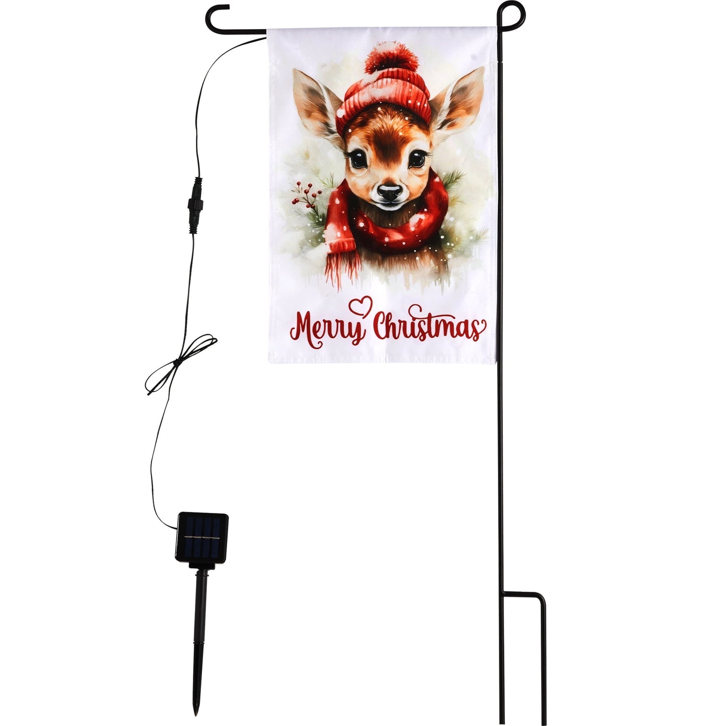 Heynemo Christmas Solar Garden Flag with Lights, Led 12"x18" Double-Sided Reindeer Yard Flag, Winter Decor for Lawn, Porch, Path