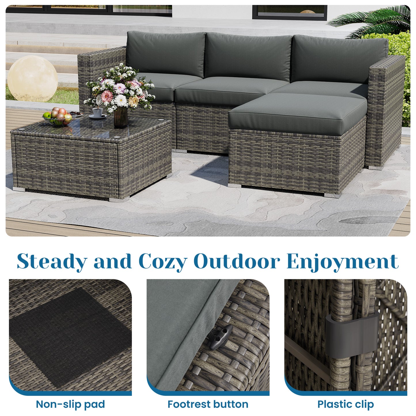 Mayincolor 5 Piece Outdoor Patio Sectional Furniture Set, Weather Resistant Rattan Outside Couch, Waterproof Conversation Sofa for Balcony, Porch, Backyard, Deck, Garden, Grey