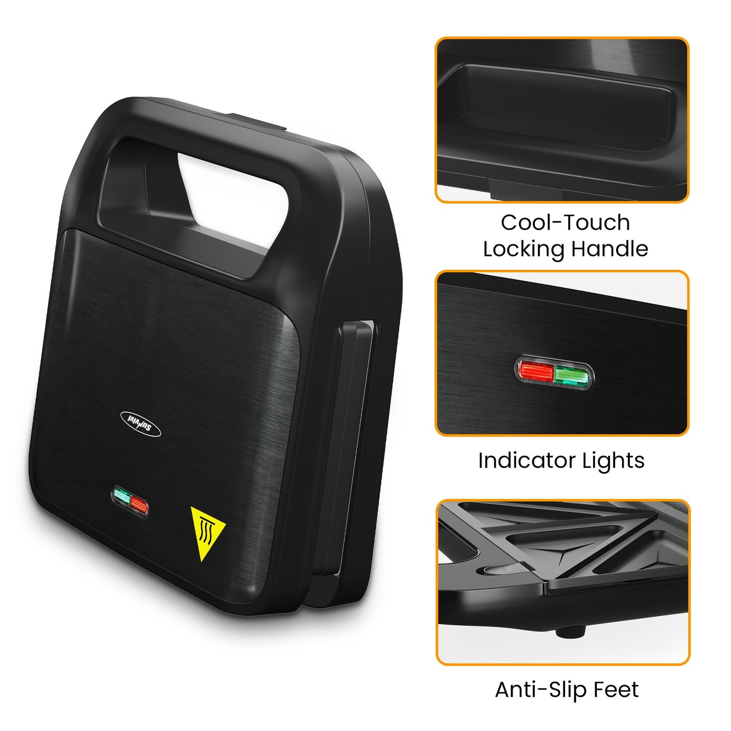 Sunvivi 3 in 1 Electric Sandwich Maker with Removable Non-Stick Plates, Indicator Lights & Cool Touch Handle, 750W, Black