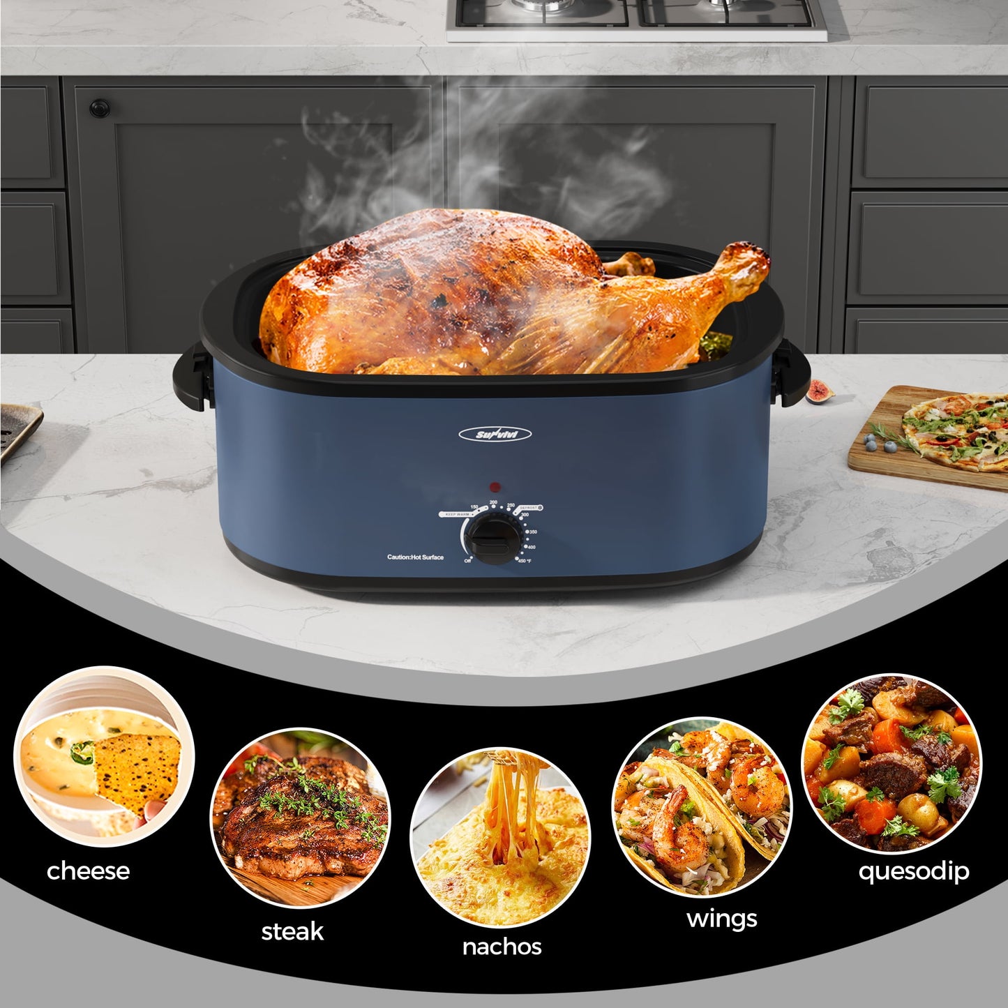 Sunvivi 22qt Electric Roaster Oven with Self-Basting Lid, Removable Pan & Rack, Stainless Steel, Blue