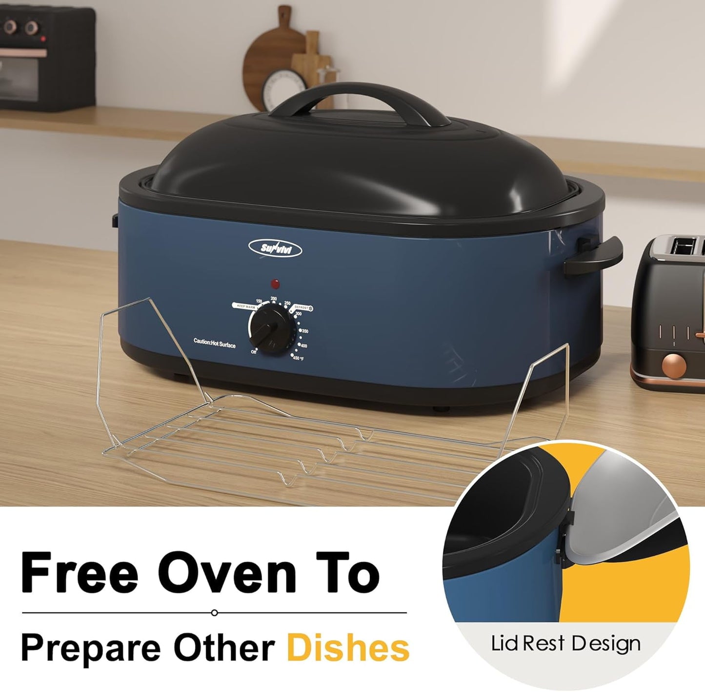 CozyHom 20 Quart Electric Roaster Oven with Self-Basting Lid, Turkey Roaster Oven Buffet with Removable Pan, Cool-Touch Handles, Blue