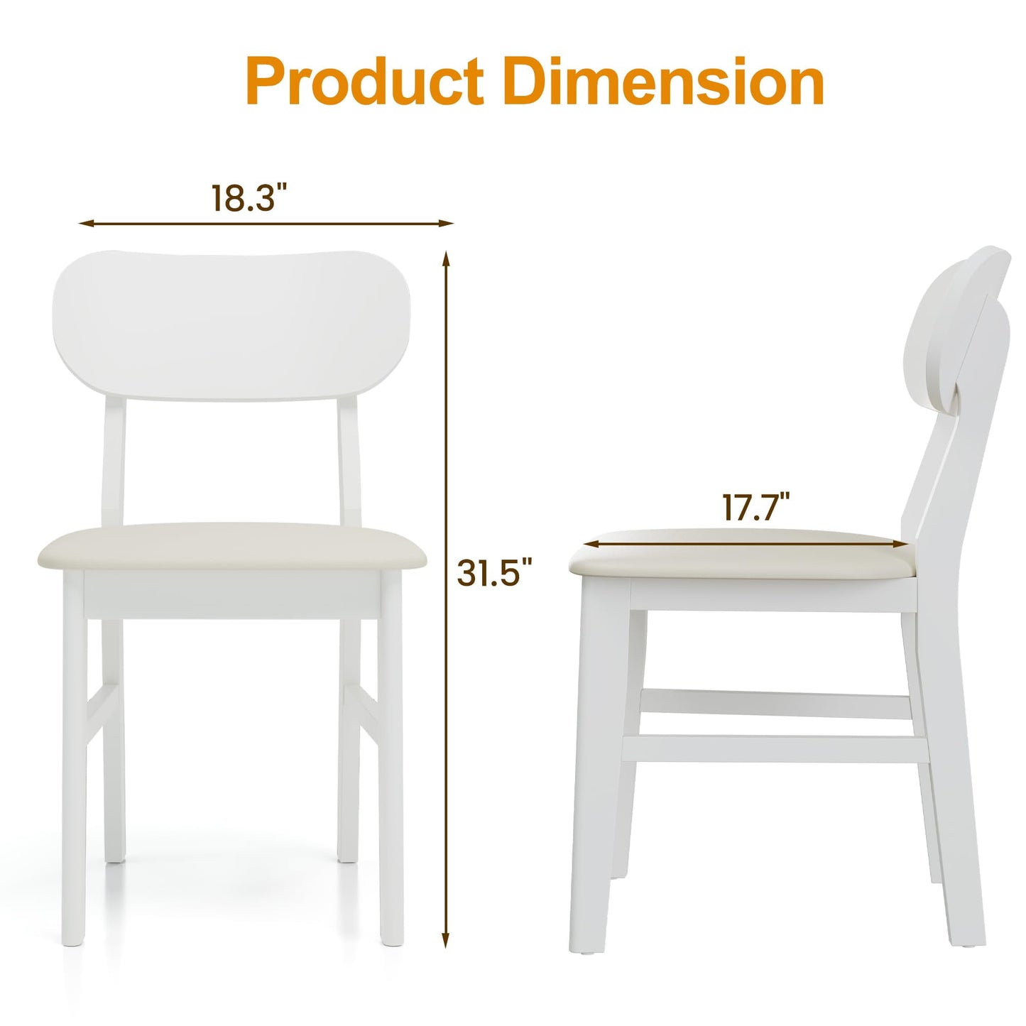 May in Color Wooden Dining Chairs Set of 2, Modern Dining Chairs with Rubberwood Legs, 350LBS Capacity, Leather Side Seat for Kitchen, Dining Room, Living Room, Home Office, Terrace, Courtyard, White