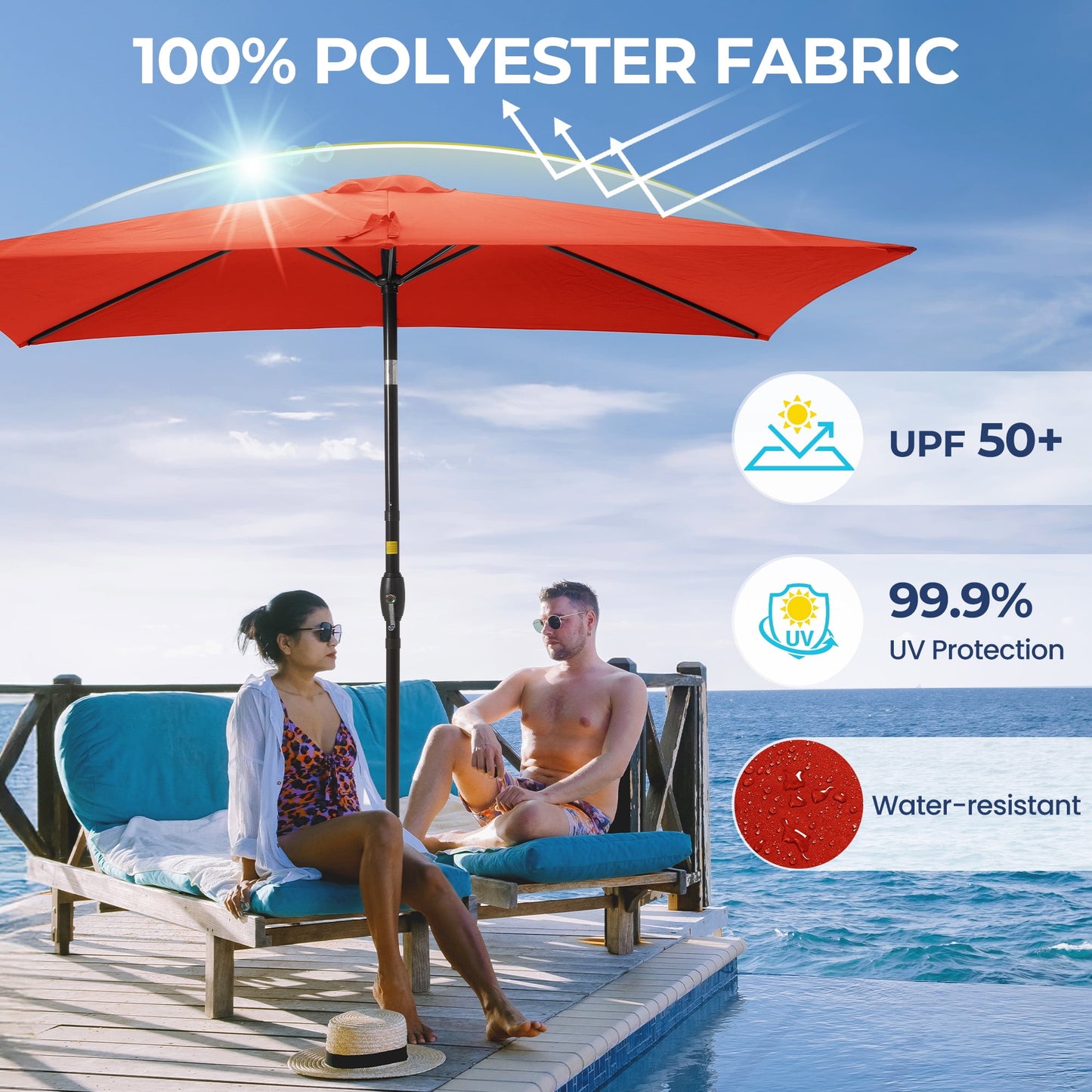 Heynemo 10x 6.5ft Rectangular Patio Umbrella, Outdoor Table Market Umbrella with Crank, 6 Steel Ribs, Polyester Canopy, Aluminum Pole,Red