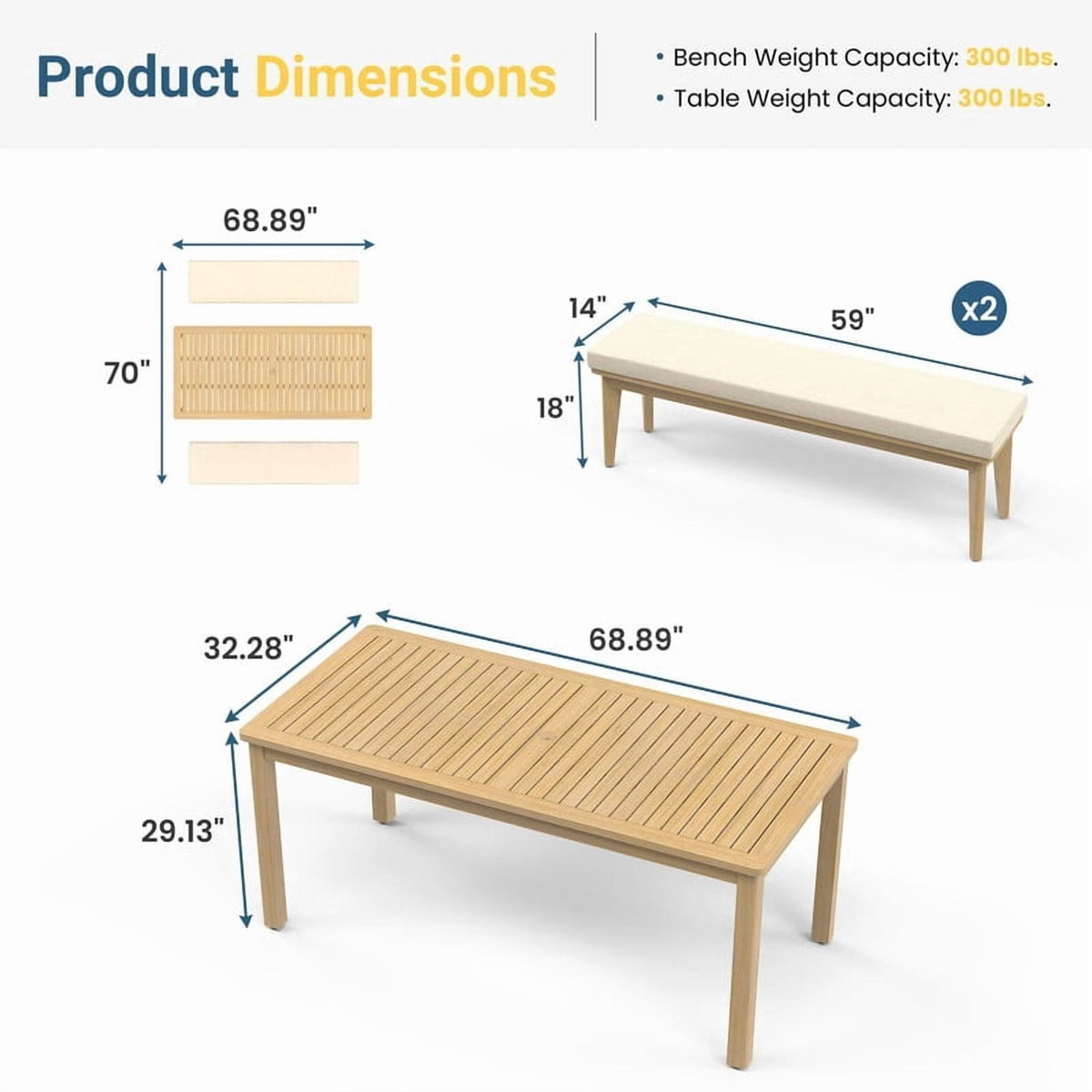 3-Piece Acacia Patio Table & Bench Set for All-Weather, Outdoor Patio Dining Set with Umbrella Hole & Benches with Removable Cushions, Durable Patio Table and Bench Set for Garden, Heynemo