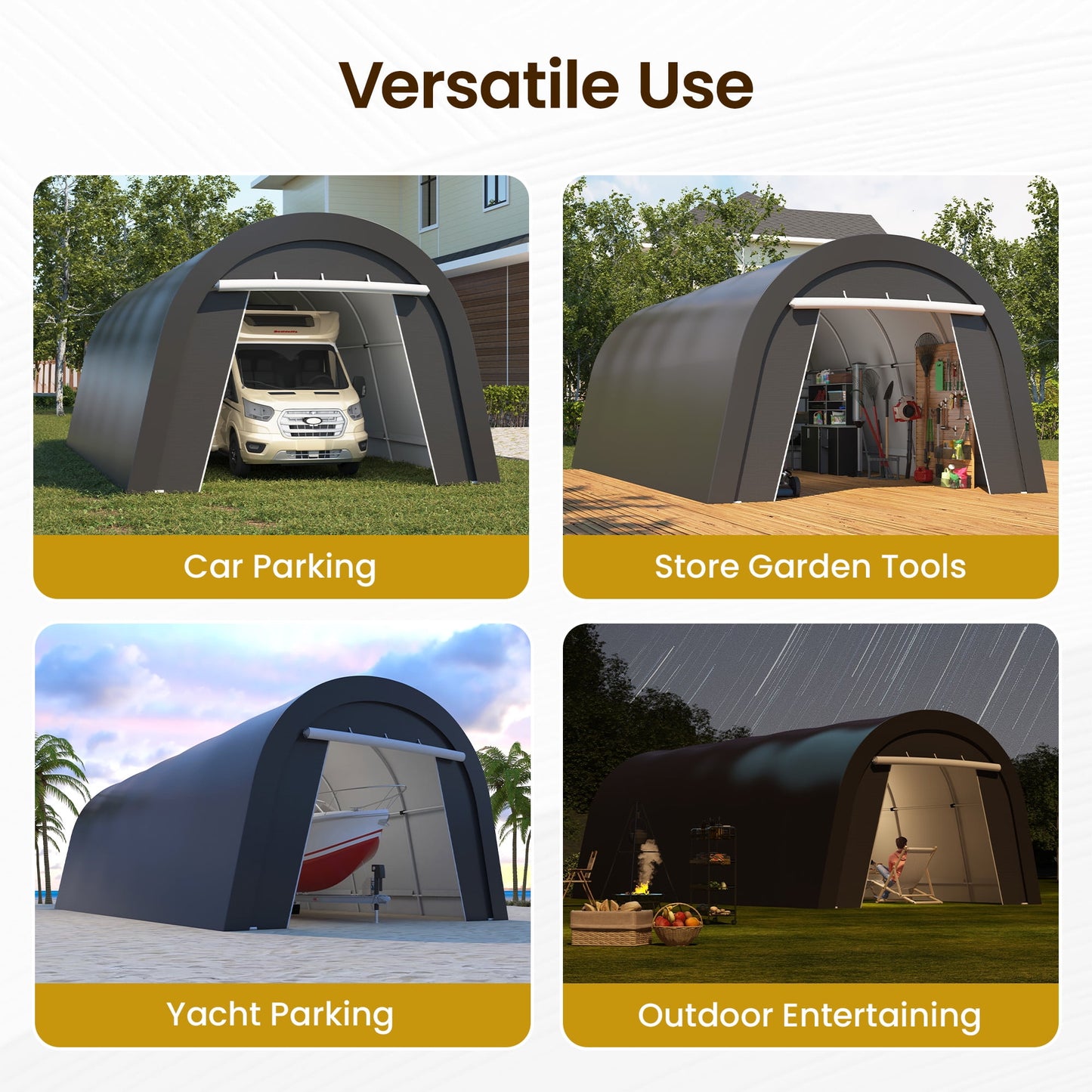 CozyHome 12' x 25' Domed Carport with 4 Cloth Bags, Portable Garage with 2 Roll-up Doors, All-Weather Storage Shelter Shed for Cars, Truck, or Garden Tools