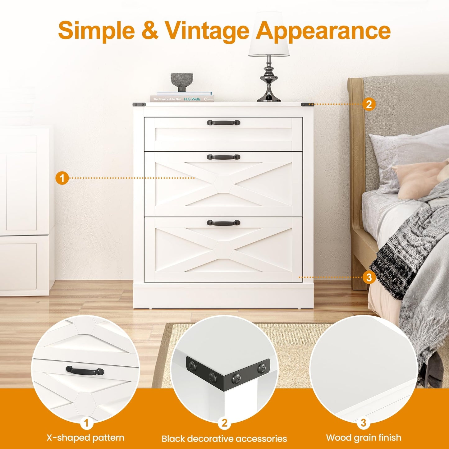 RoyalCraft White 3 Drawer Dresser, Wood X-shaped Chest of Drawers for Bedroom, Farmhouse Wide Nightstand with Drawers Cabinet for Bedroom, Living Room, Hallway, Entryway