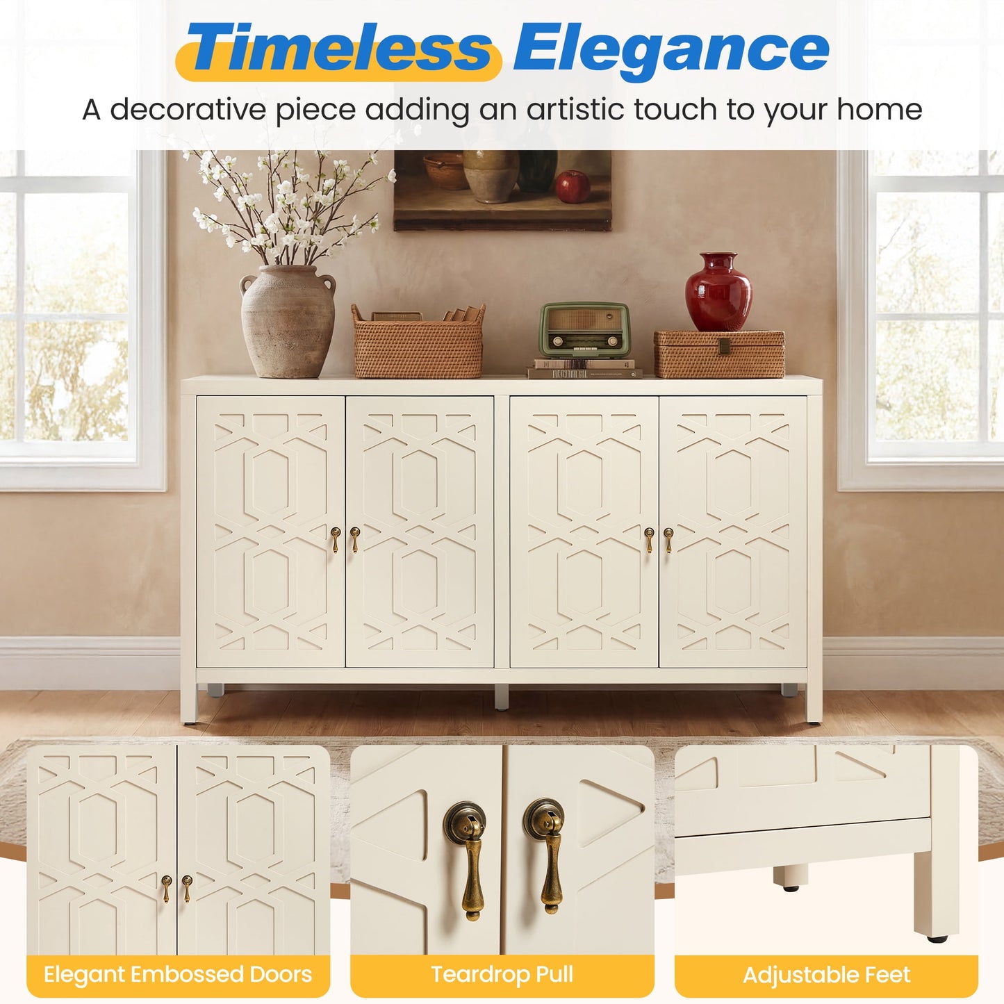 May in Color 60'' Modern Sideboard Cabinet with Adjustable Shelves and 4 Doors, Ideal for Entryway, Living Room, Dining Room, Bedroom, Beige