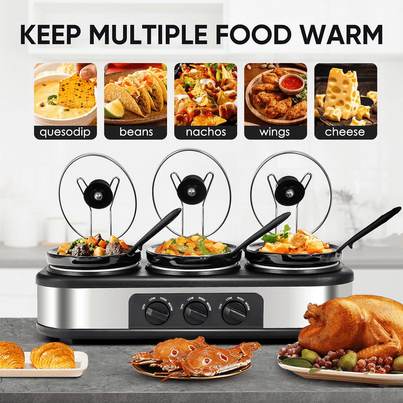 Superjoe Electric Slow Cooker Buffet, 3-Pots Stainless, Server Black 4.5qt 3-Crock