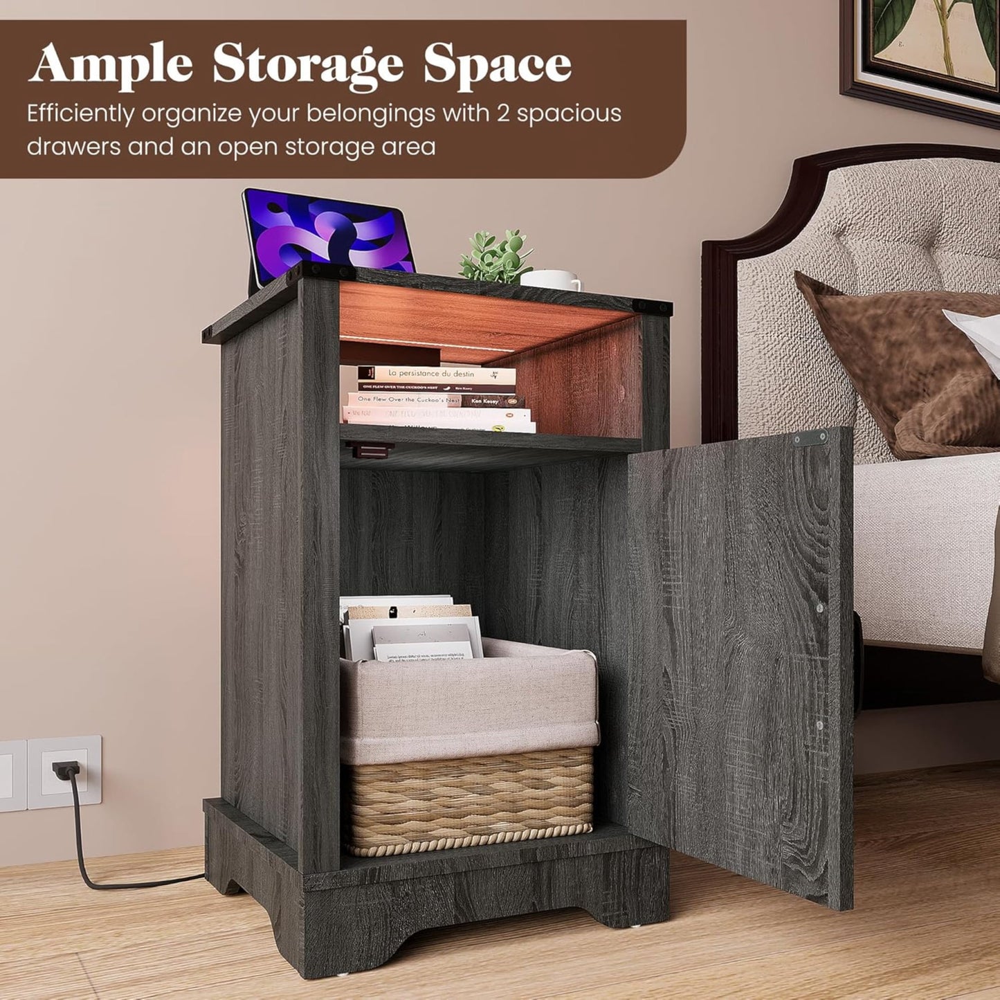 Superjoe LED Nightstand Set of 1 with Charging Station, Bedside Table with Storage Cabinet and Shelf, Rustic End Table, Farmhouse Wooden Side Table, for Bedroom, Living Room, Grey