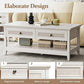Royalcraft Farmhouse Coffee Table, Boho Tea Table with 2 Rattan Decor Drawers, Accent Center Sofa Table with Storage Shelf, 2 Tier Coffee Table for Bedroom, Living Room, Home Office, Grayish White