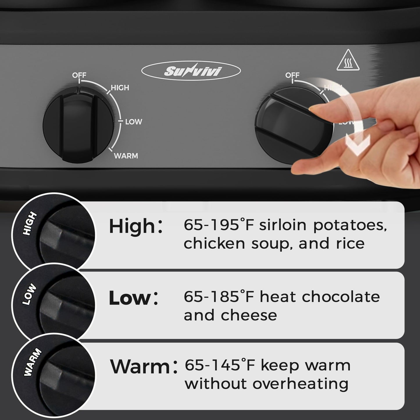 Heynemo Dual Slow Cooker, Buffet Server & Warmer with 2 Removable Ceramic Pots, 3 Adjustable Temp Settings & 2 Visible Glass Lids, Stainless Steel, 2.5 QT Grey