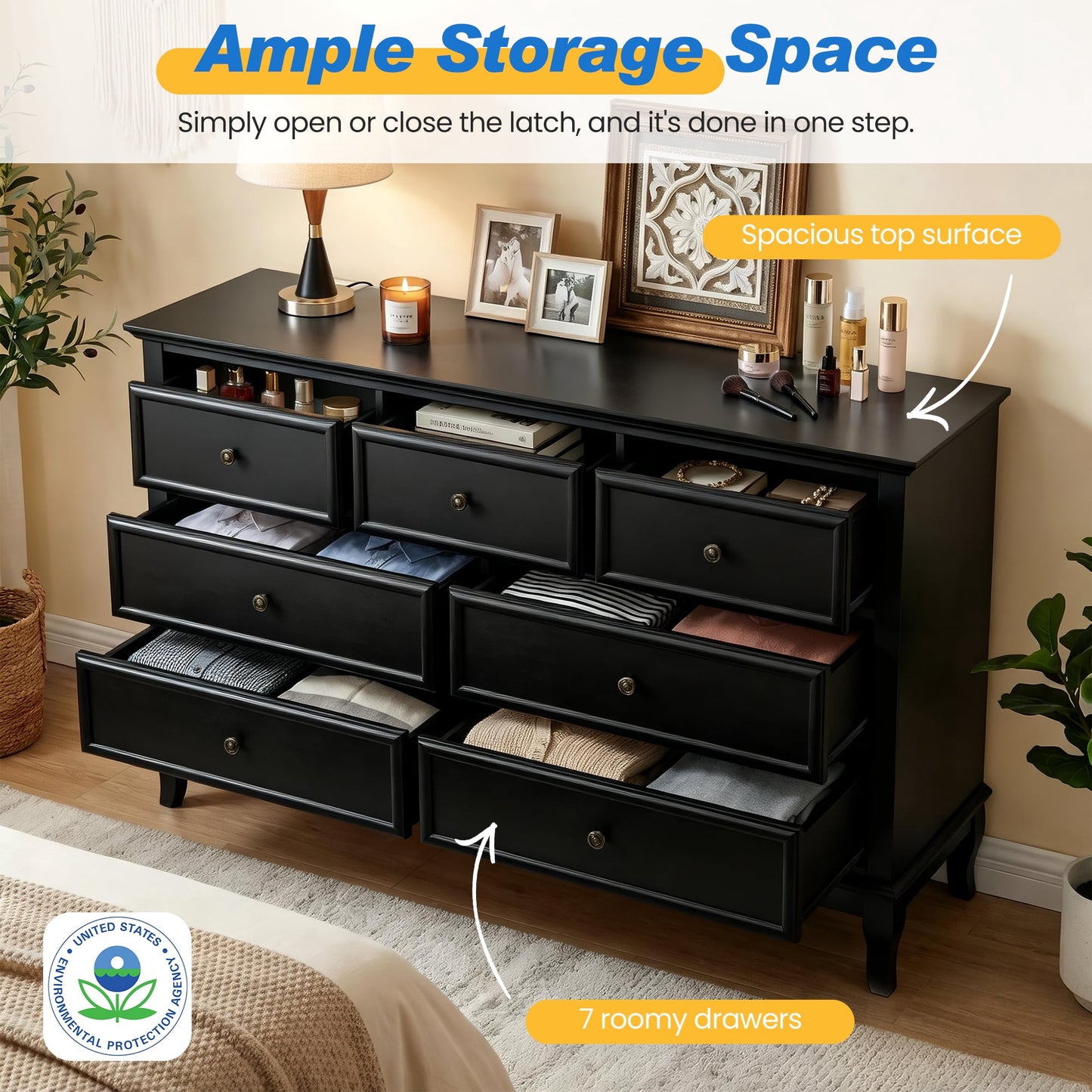 May in Color 7 Drawer Dresser with Solid Wood Legs for Bedroom, Living Room, Hallway, Black
