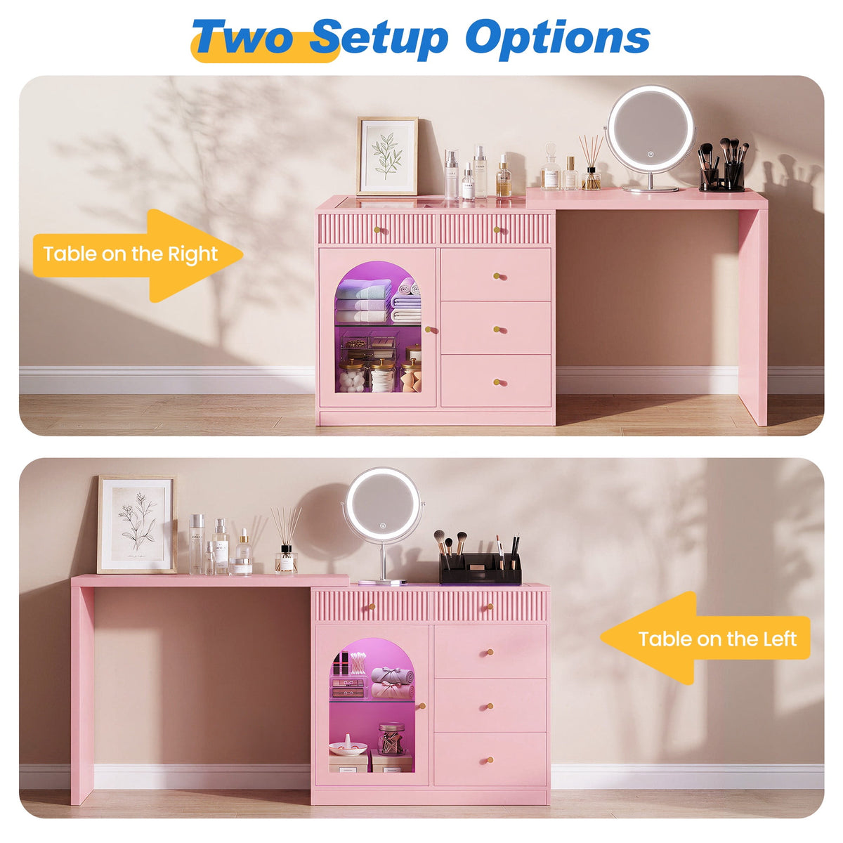 May in Color Pink Extendable Vanity with LED Lights, Rotatable L?Shaped Makeup Vanity Desk, 5 Drawers & Arched Glass Cabinet, Multi?Purpose Desk for Working, Studying, Drawing, Sewing, Nail Care