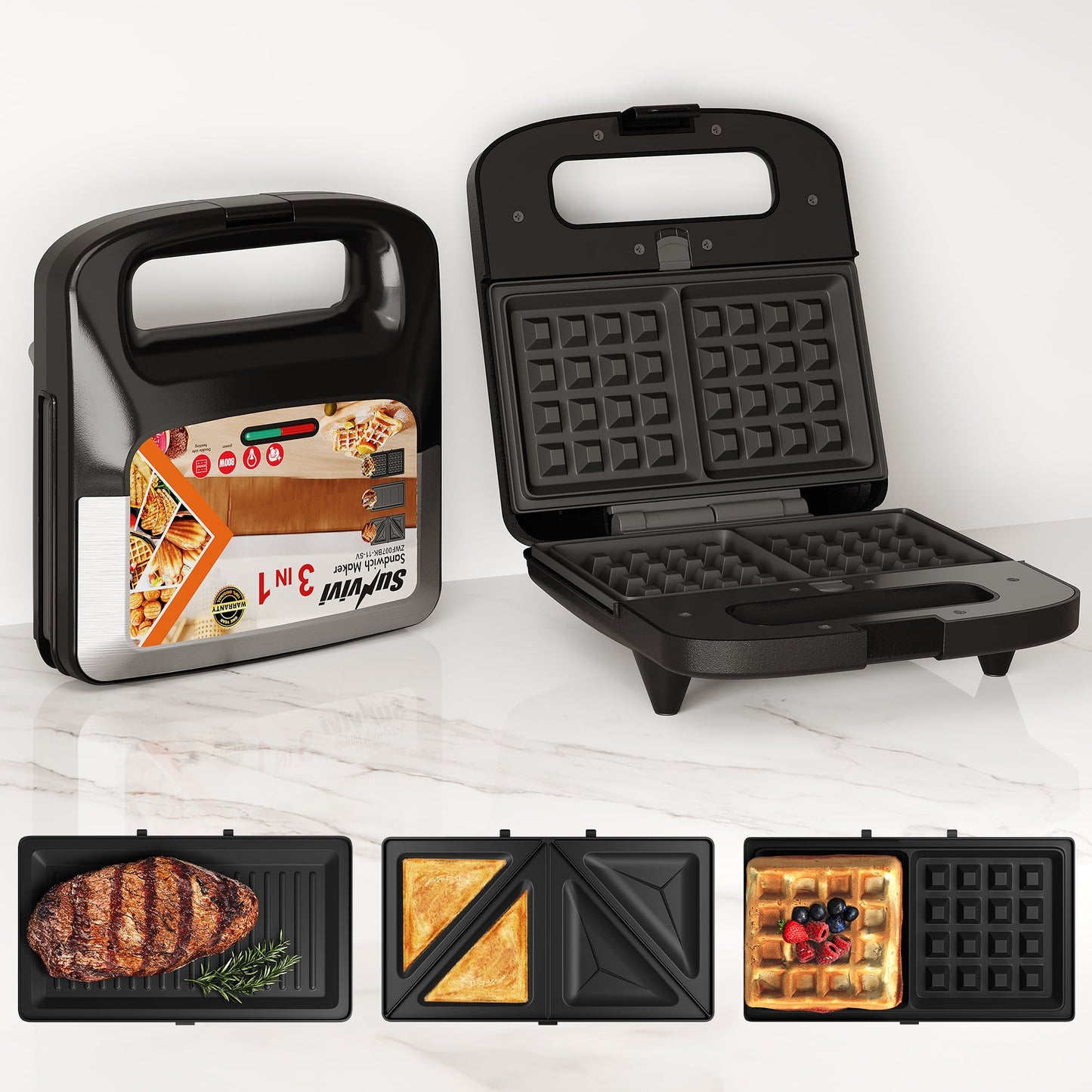 Heynemo 3 in 1 Electric Waffle, Grill & Sandwich Maker