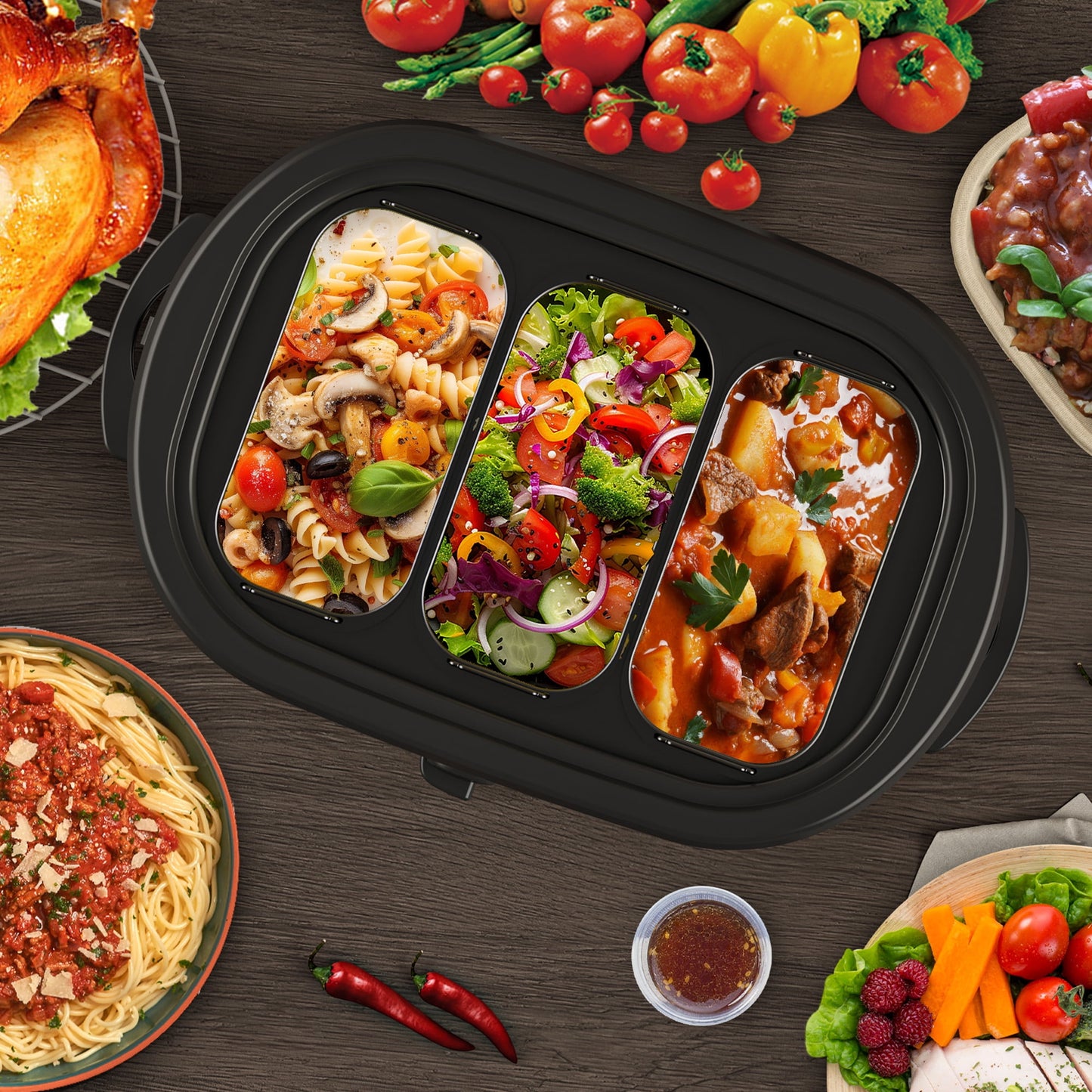 Sunvivi 24 QT Electric Roaster Oven with 3 Compartments, Self-Basting Lid, Silver