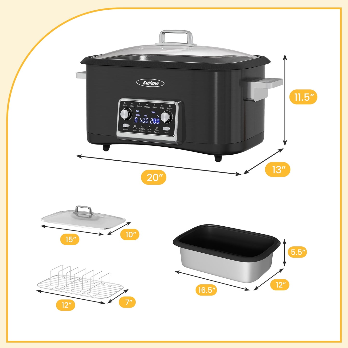 Sunvivi 8-Quart 12-in-1 Programmable Slow Cooker Roaster Oven, Multi-Cooker with Digital Timer, Adjustable Temperature, Removable Non-Stick Pot & Dishwasher-Safe Glass Lid, Black