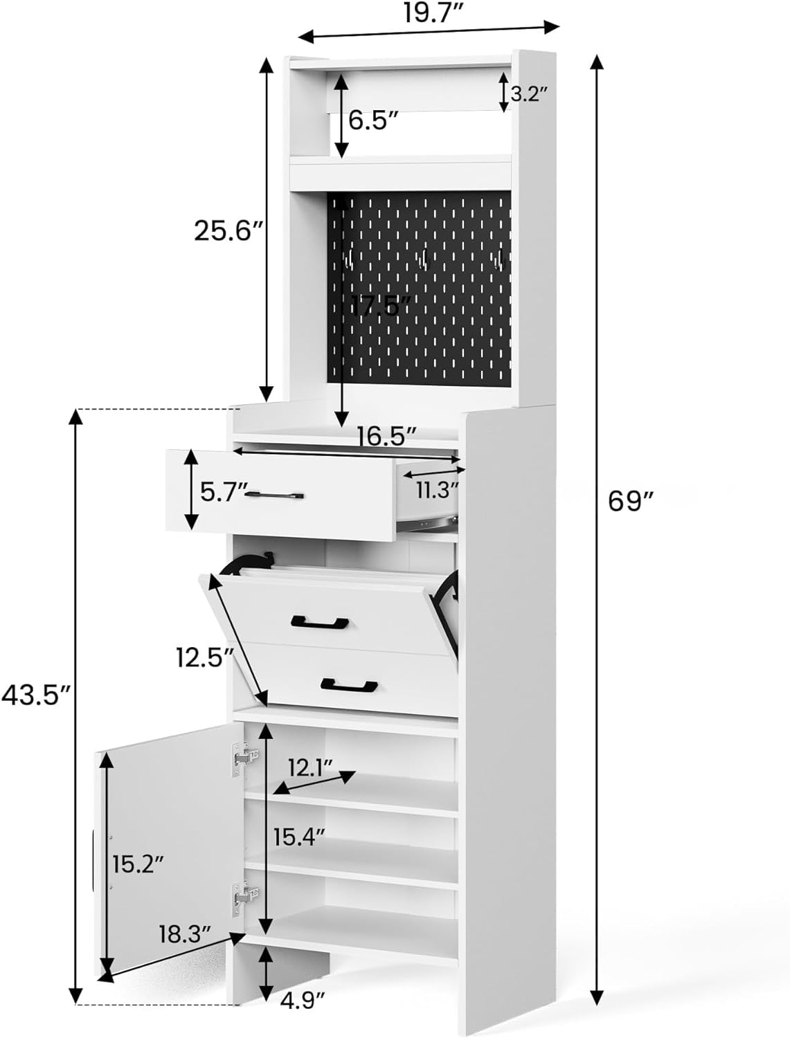 Royalcraft 5-in-1 Shoe Cabinet with Flip Drawer, Entryway Shoe Storage with Pegboard, Adjustable Shelf, Wood Entryway Cabinet, White