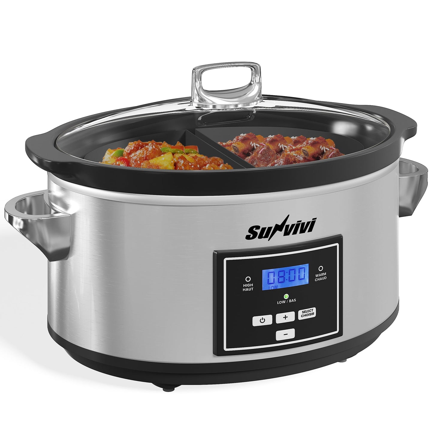 Superjoe Programmable Slow Cooker 6 Quart with 2 in 1 Silicone Liners, Multi-Cooker Food Warmer with Digital Timer, 3 Cooking Settings, Dishwasher-Safe Removable Ceramic Pot & Lid, Silver.