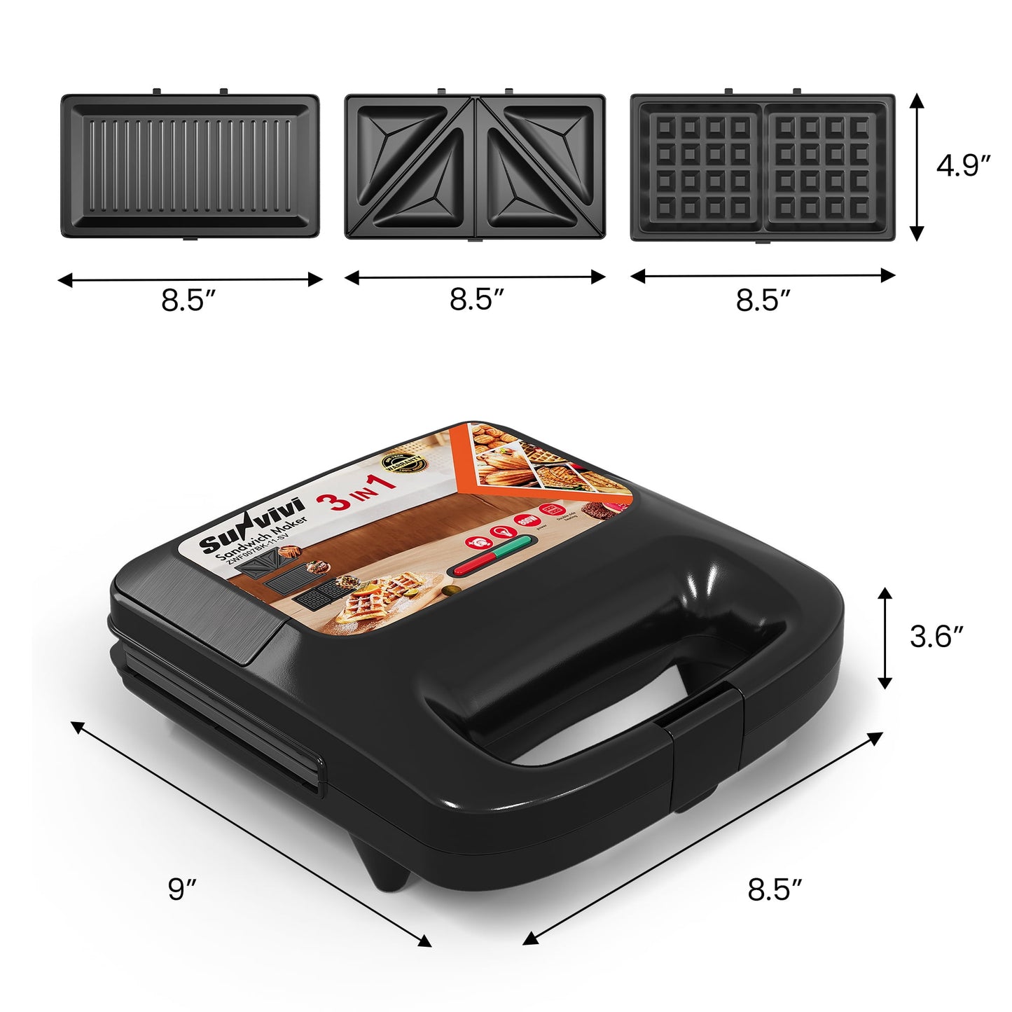 Heynemo 3 in 1 Electric Waffle, Grill & Sandwich Maker
