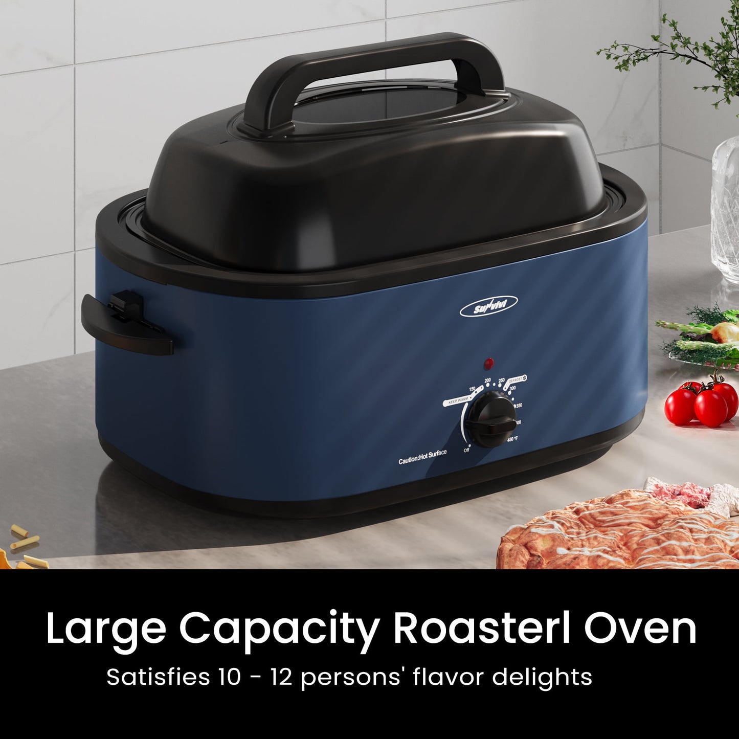 Sunvivi 22qt Electric Roaster Oven with Self-Basting Lid, Removable Pan & Rack, Stainless Steel, Blue