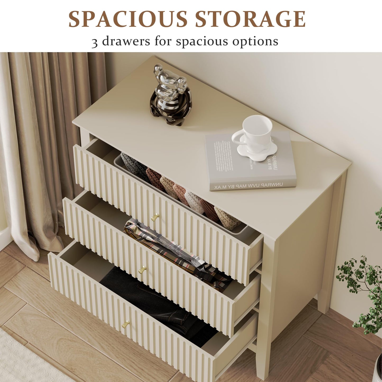 May in Color Large Fluted 3 Drawer Dresser, Wide Modern Nightstand Cabinet for Bedroom, Living Room, Entryway, Beige