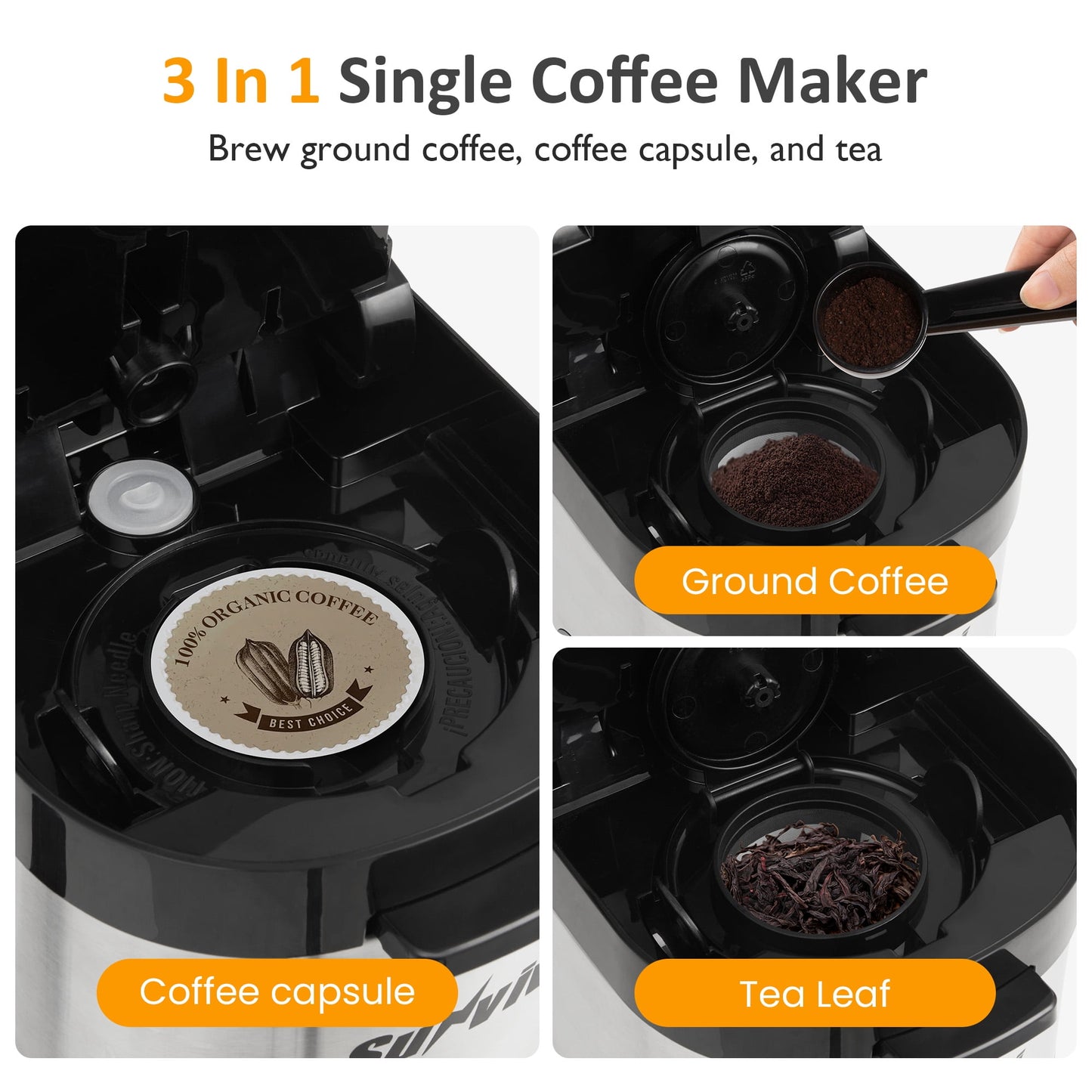 Sunvivi 3-in-1 Iced & Hot Coffee Maker, Single Serve Machine - Removable Reservoir - Black