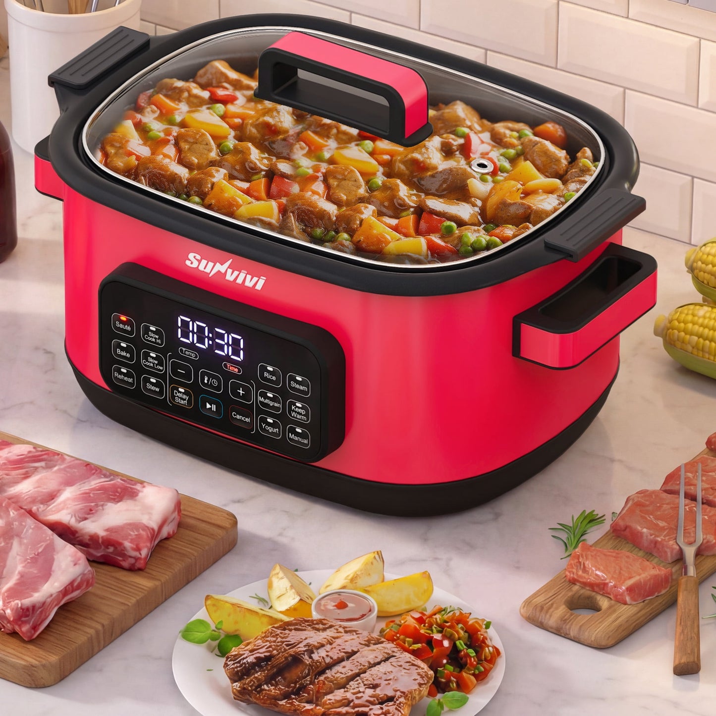 Heynemo 12-in-1 Digital Programmable Slow Cooker, 6.5 QT Large Multicooker, Multi-Cooker with Timer, Temp Control, Red