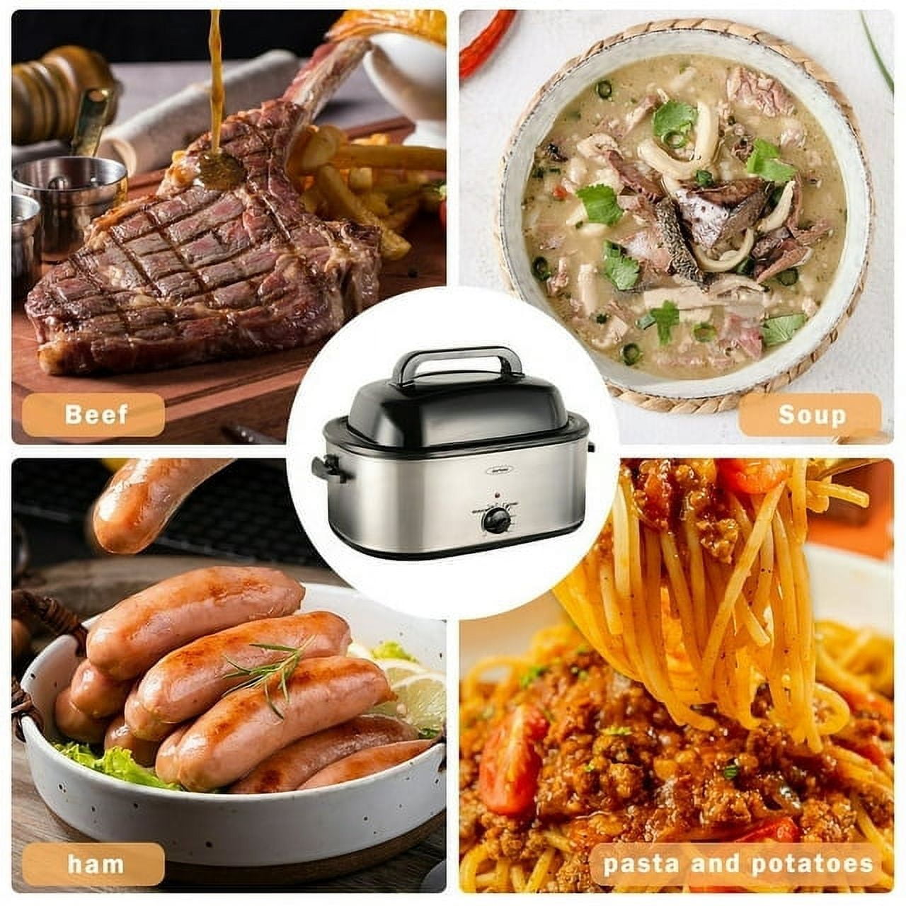 24 Quart Electric Roaster Oven, Stainless Steel Buffet Turkey Roaster Oven with Self-Basting Lid Removable Pan, Silver