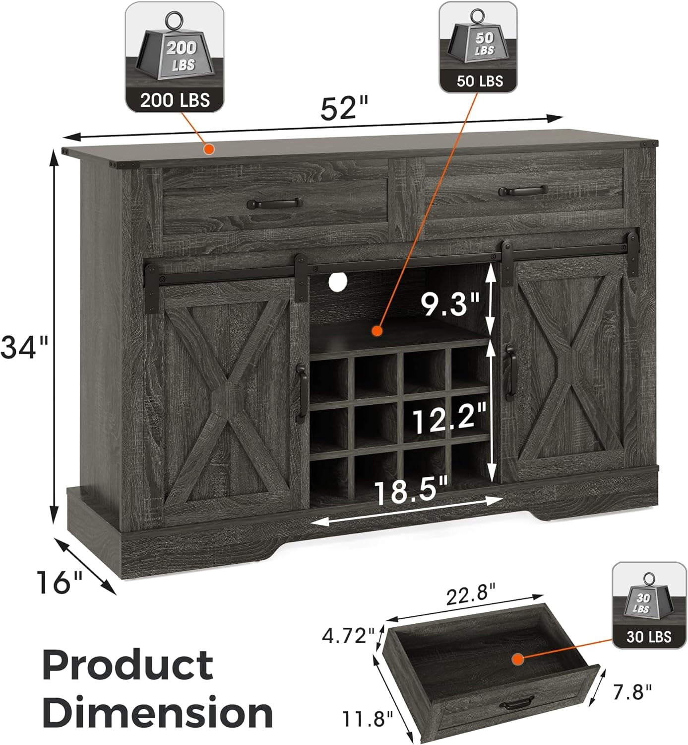 Superjoe 52" Buffet Storage Cabinet Farmhouse Sideboard w/12 Removable Wine Rack & Drawers, Rustic Coffee Bar Cabinet w/Glass Rack & Sliding Barn Door, Dark Grey