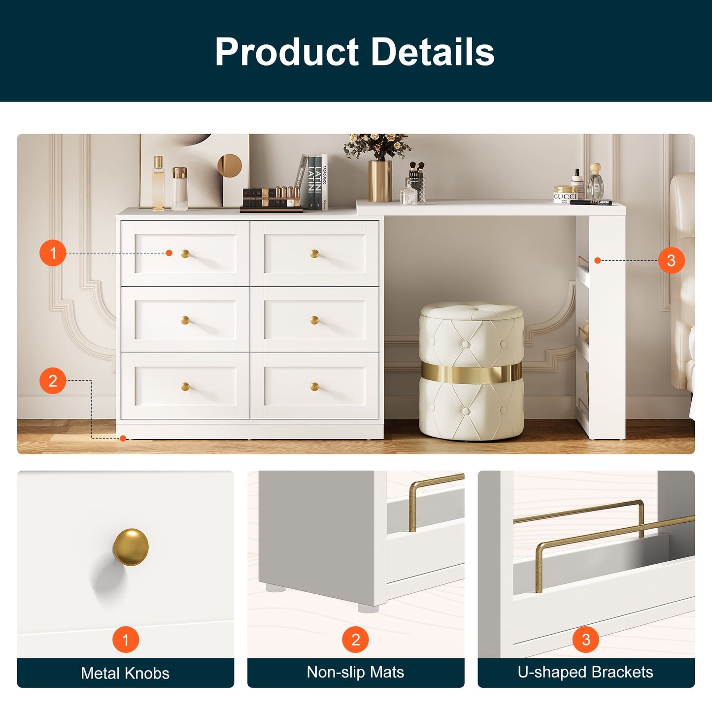 Heynemo Extendable Makeup Vanity Desk with 3 Side Shelves, L-Shaped Vanity Table and Dresser Combo with 6 Drawers, Modern Dressing Table for Bedroom, Dressing Room, White