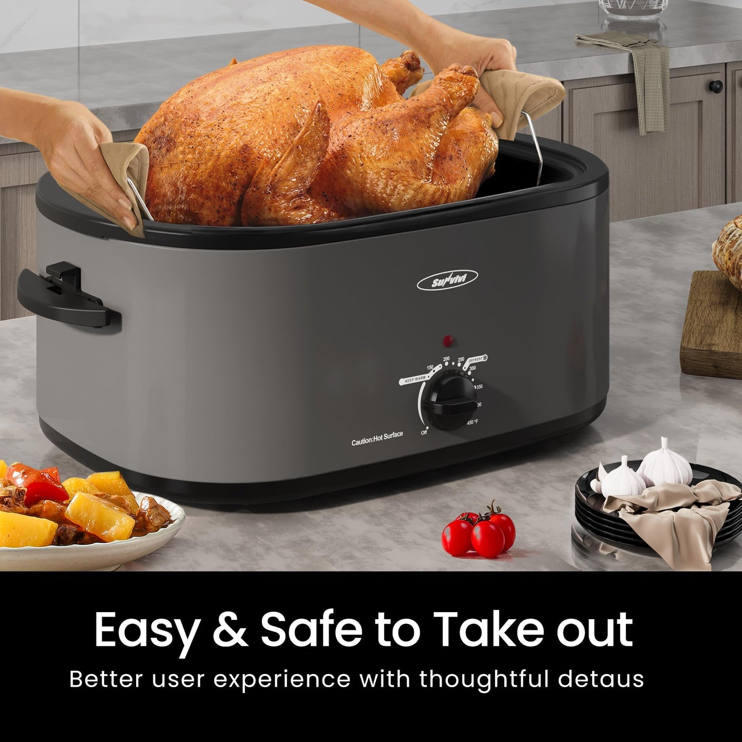 RoyalCraft 26 Quart Electric Roaster Oven Turkey Roaster with Lid Electric Roasters with Removable Pan Large Roaster,Visible & Self-basting Lid, Fast Heating & Thaw/warming Setting,Grey
