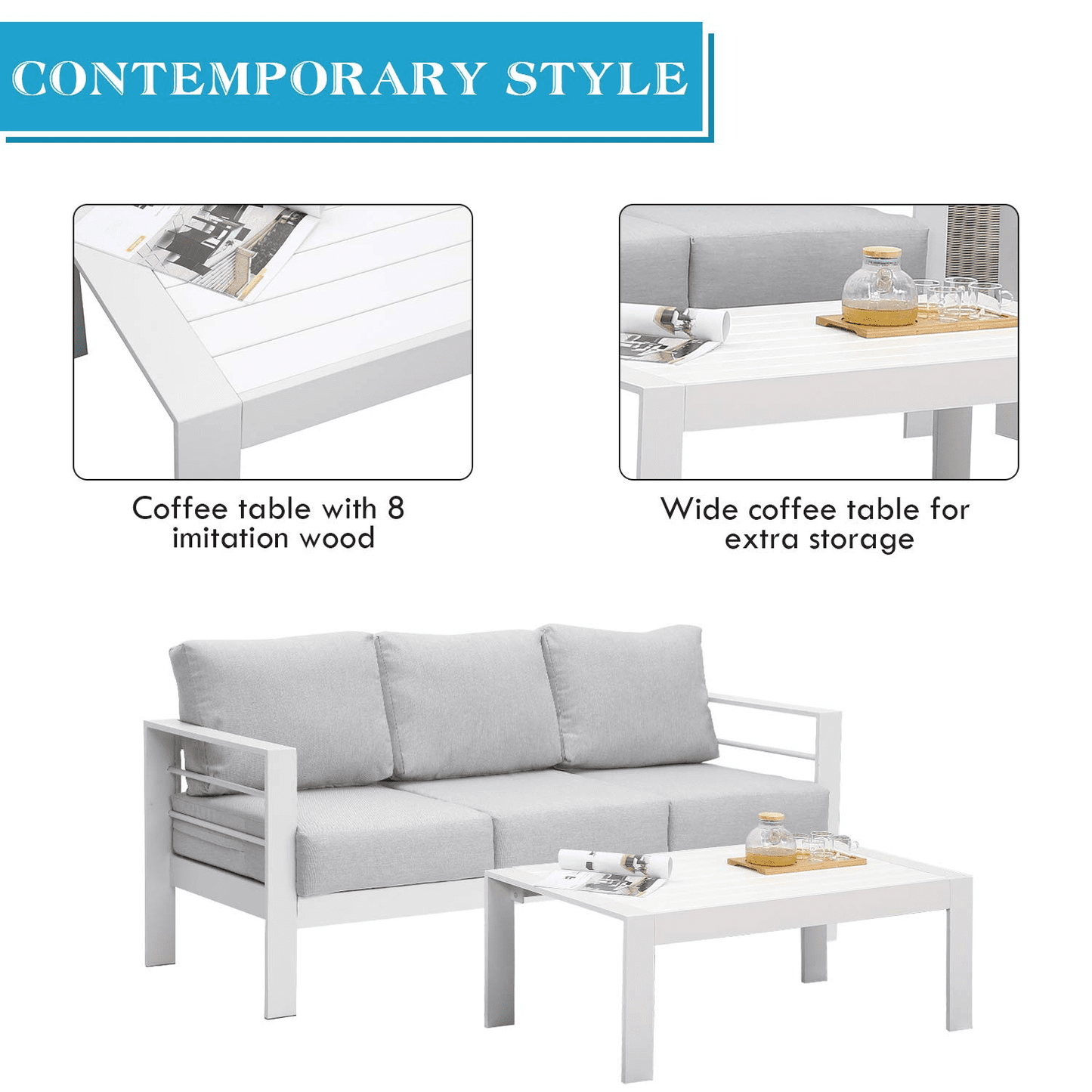 Heynemo 4 Pcs 7 Seats Outdoor Furniture Sofa Set Aluminum Patio Conversation Set With Coffee Table and 5 Inches Cushions, White