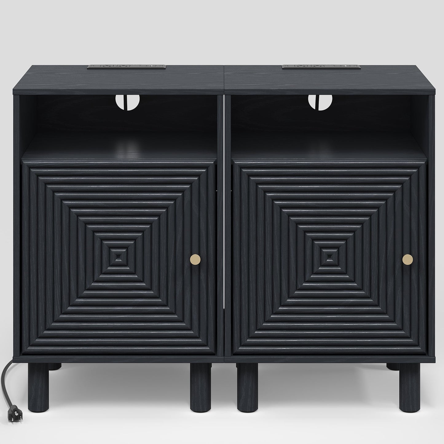 Heynemo Wood Nightstand with Storage, Bedside Table with Charging Station and Solid Wood Legs, Ideal for Living Room, Bedroom, Entryway, Black, Set of 2