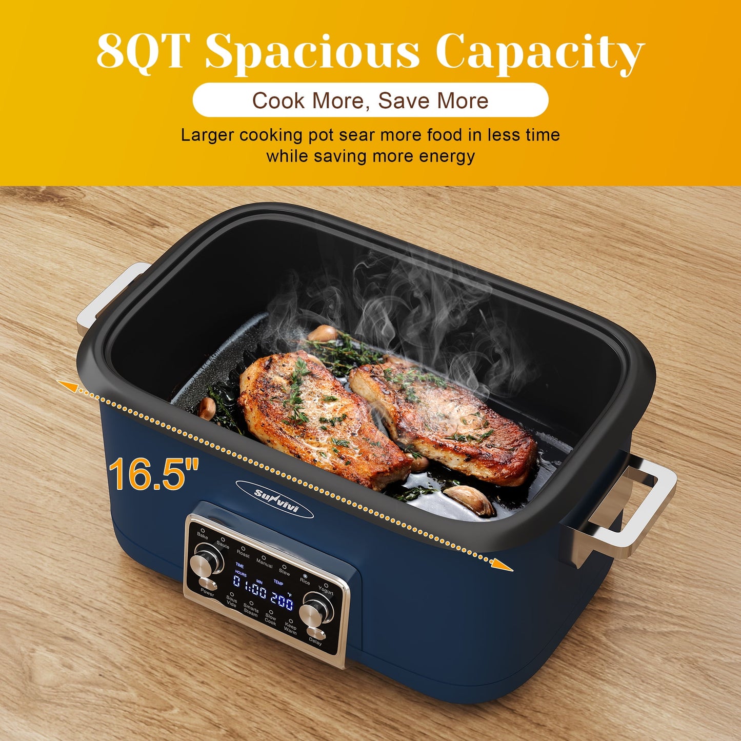 Heynemo 12-in-1 Digital Slow Cooker, 8QT Multi-Cooker with Adjustable Temp, Timer, Auto Shut-Off, Removable Non-Stick Pot & Dishwasher-Safe Glass Lid