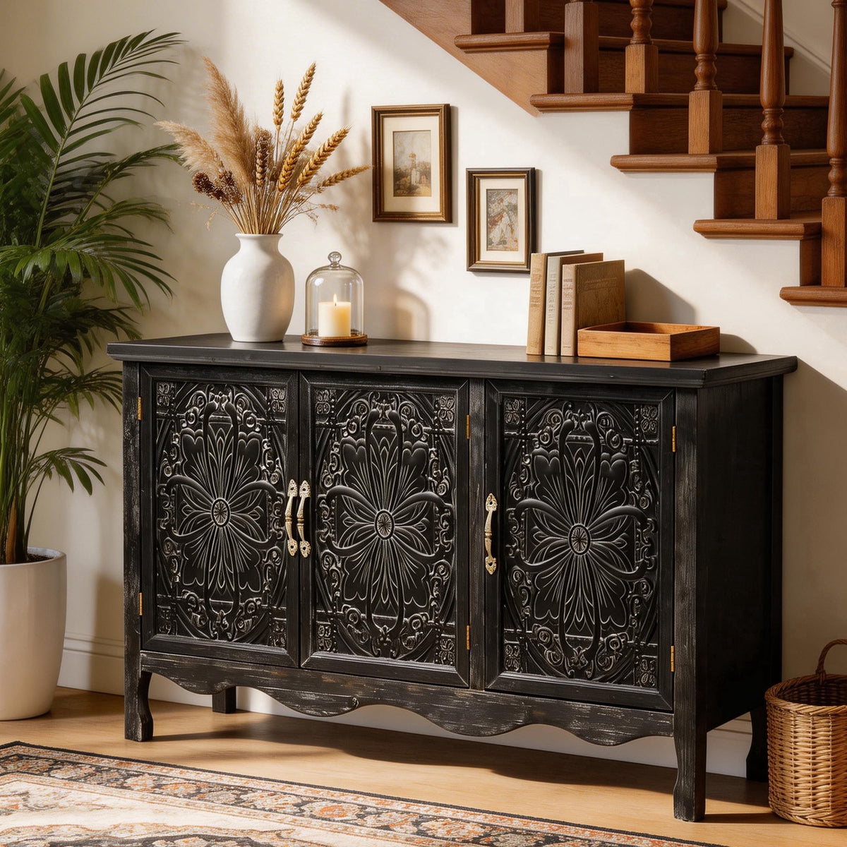 Heynemo Vintage Sideboard Buffet Cabinet with 3 Carved Doors and Adjustable Shelves, Wood Credenza for Kitchen, Dining Room, Living Room, Bedroom, Black