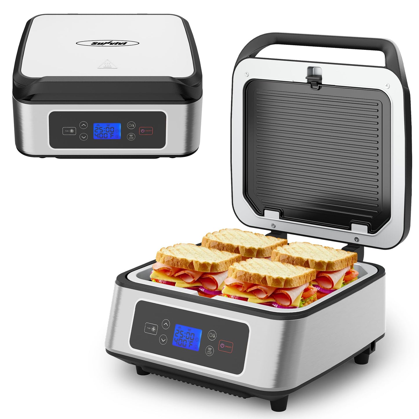Sunvivi 1300W Smokeless Indoor Grill, Electric Panini Press Sandwich Maker with Auto-Lift, Fan, Independent Upper Heating, Smart Time & Temperature Control, Removable Non-Stick Plates