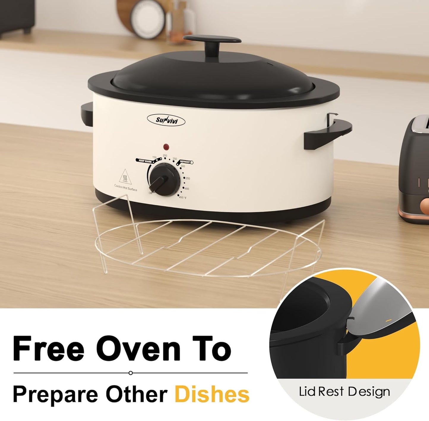 Superjoe 8-Quart Roaster Oven with Self-Basting Lid Lid, Electric Turkey Roaster Oven with Removable Pan and Rack, Stainless Steel, White